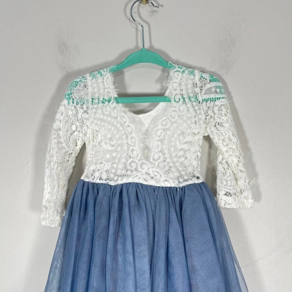 2 Bunnies Peony Flower Girl Dress Toddler 12-18M Dusty Blue Tulle White‎ Lace